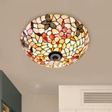 Shell Beige Tiffany Flushmount Ceiling Fixture With Butterfly-Flower Pattern 3/4 Lights 16/20.5W