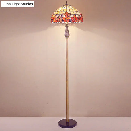 Shell Red Floor Lamp: Mediterranean Stand Up Light With Lattice Bowl And Flower Pattern - 2 Lights