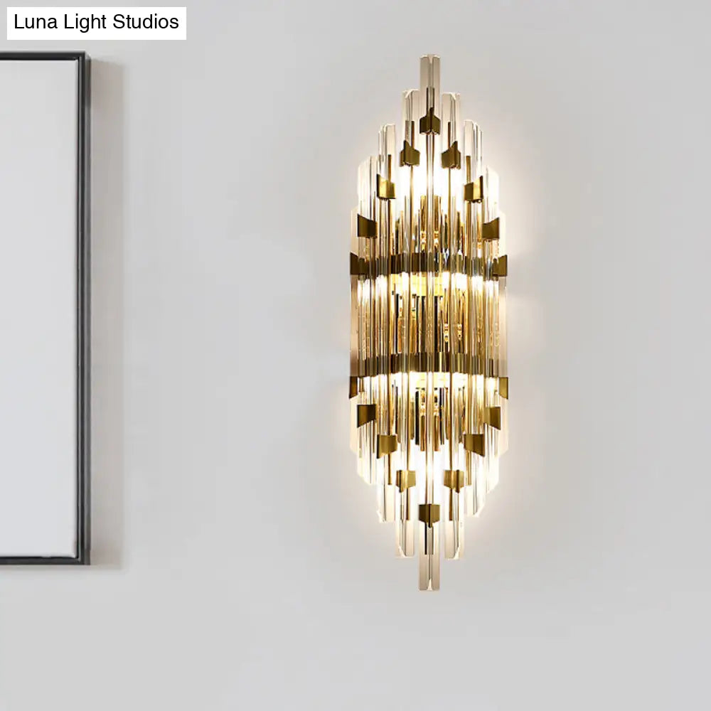 Shield Crystal Rod Wall Sconce - Gold 3-Light Fixture For Living Room