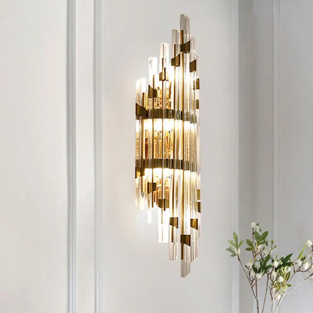 Shield Crystal Rod Wall Sconce - Gold 3-Light Fixture For Living Room