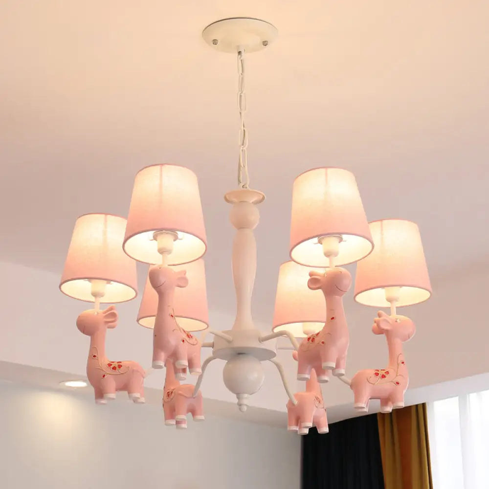Sika Deer Cartoon Resin Chandelier With Fabric Shade - Hanging Ceiling Light 6 / Pink