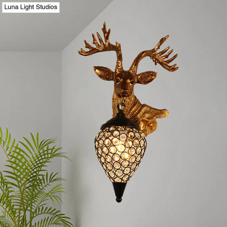 Sika Deer Head Wall Sconce: Countryside Gold Resin Lamp With Crystal Shade