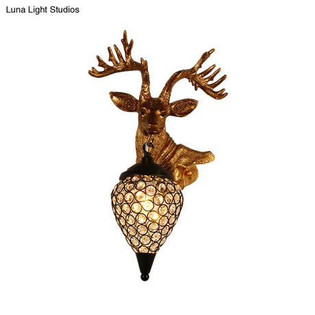 Sika Deer Head Wall Sconce: Countryside Gold Resin Lamp With Crystal Shade