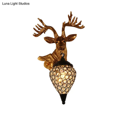 Sika Deer Head Wall Sconce: Countryside Gold Resin Lamp With Crystal Shade