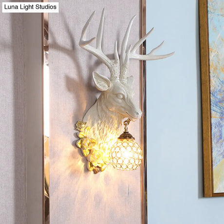 Sika Deer Resin Wall Light: Countryside 1-Head Floral Sconce With Crystal Shade - White/Brown/Bronze