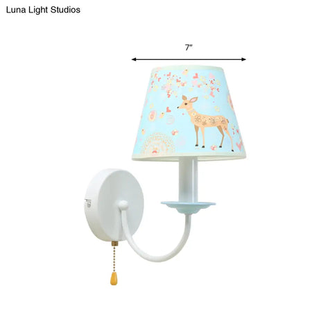 Sika Deer Wall Light: Adorable Animal Sconce For Girls Bedroom - 1 Light Blue Fabric With Pull Chain