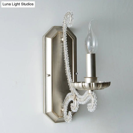 Silver Crystal Beaded Wall Lighting Fixture: Elegant Rustic Candlestick Lamp For Corridor