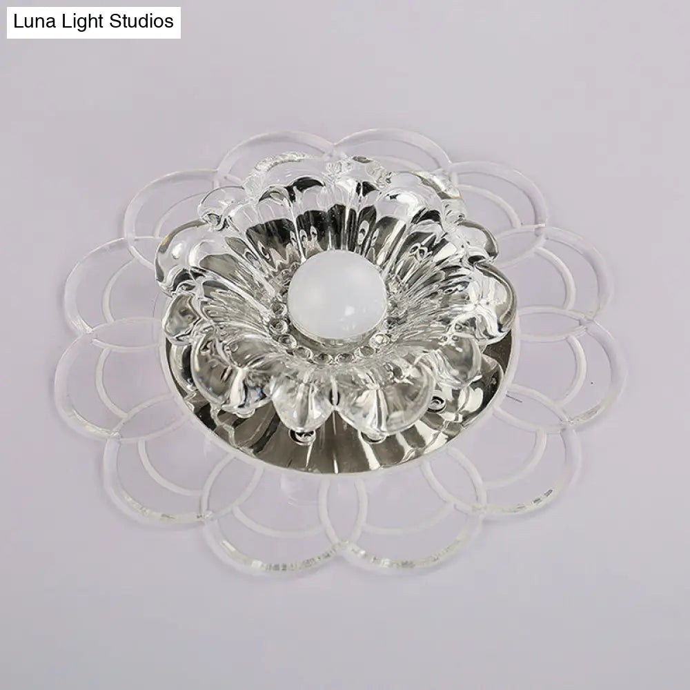 Silver Flush Mount Led Ceiling Light Fixture With Clear Crystal Flower Design - Warm/Multi Color