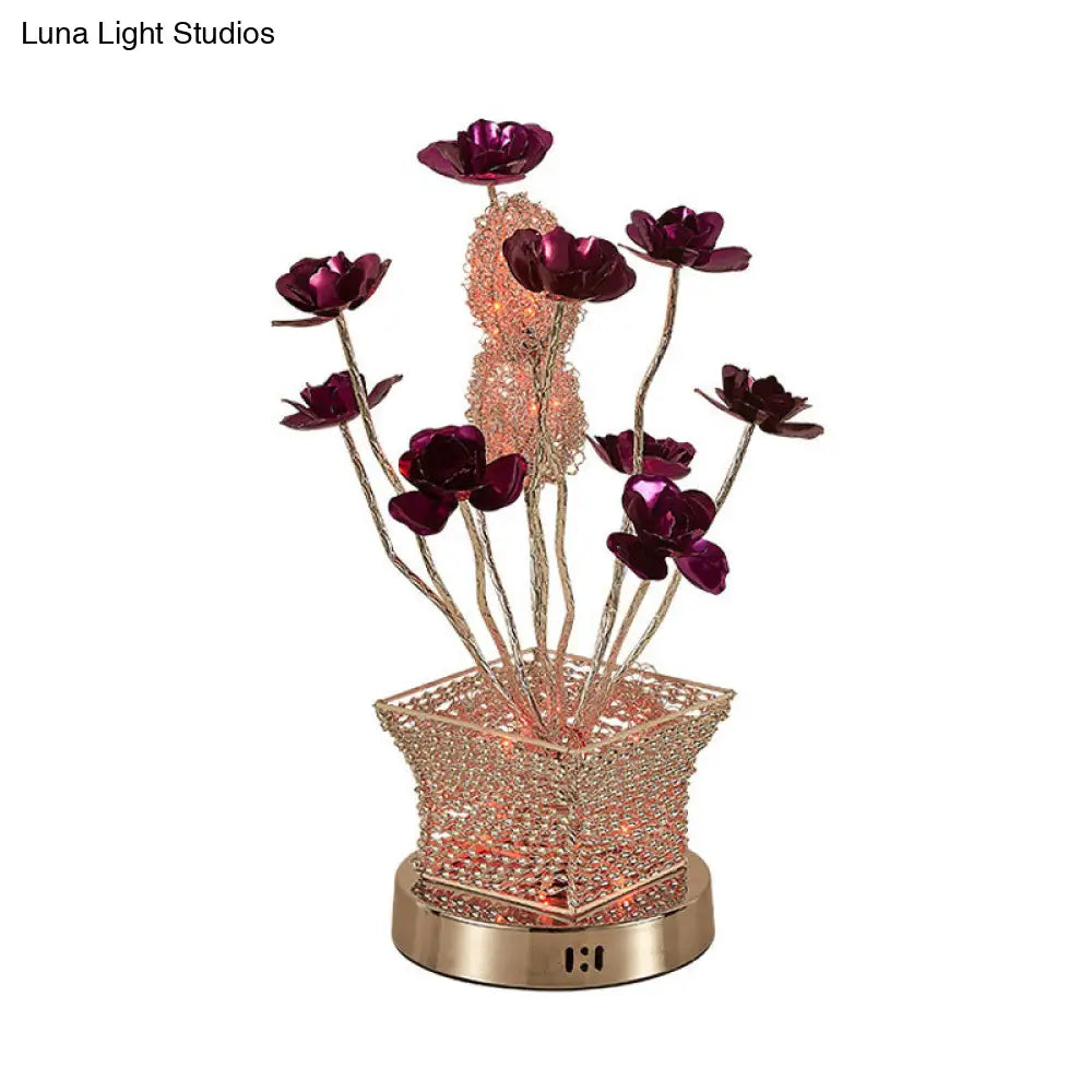 Silver Led Desk Lamp With Rose Art Decor - Aluminum Cubical Table For Bedside