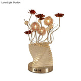 Silver Twisty Aluminum Led Nightstand Lamp With Decorative Rose Design Ideal For Bedroom Decoration