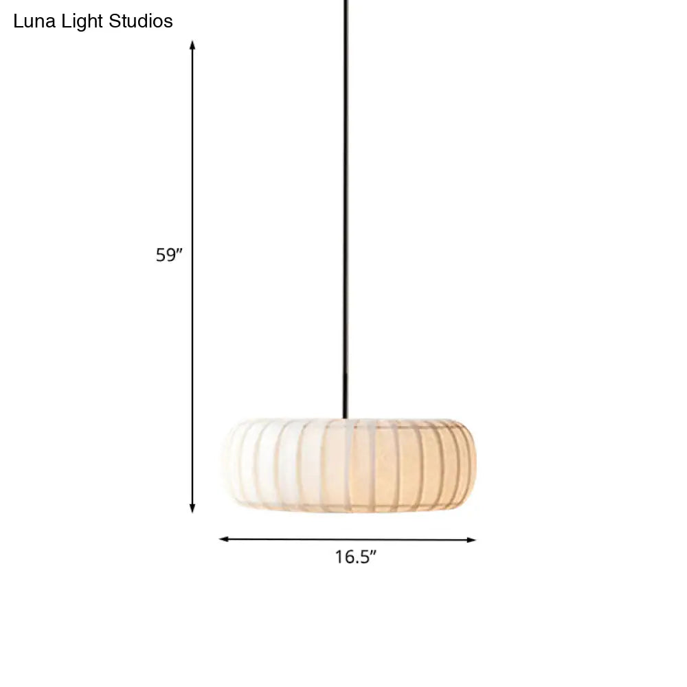 Simple 3-Bulb White Pendant Chandelier With Fabric Ribbed Wheel Design For Table