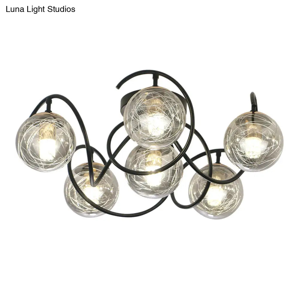 Simple Black Semi Flush Mount Ceiling Lamp With 6 Bulbs And Global Clear/Smoke Gray Glass Shade