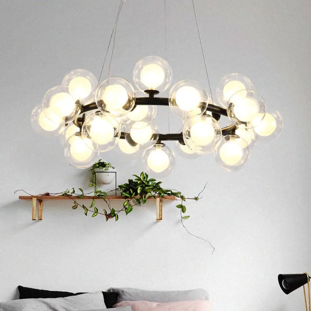 Simple Chandelier Light Fixture: 25-Bulb Dining Room Hanging Lamp Kit with Round Glass Shade 25 / Black