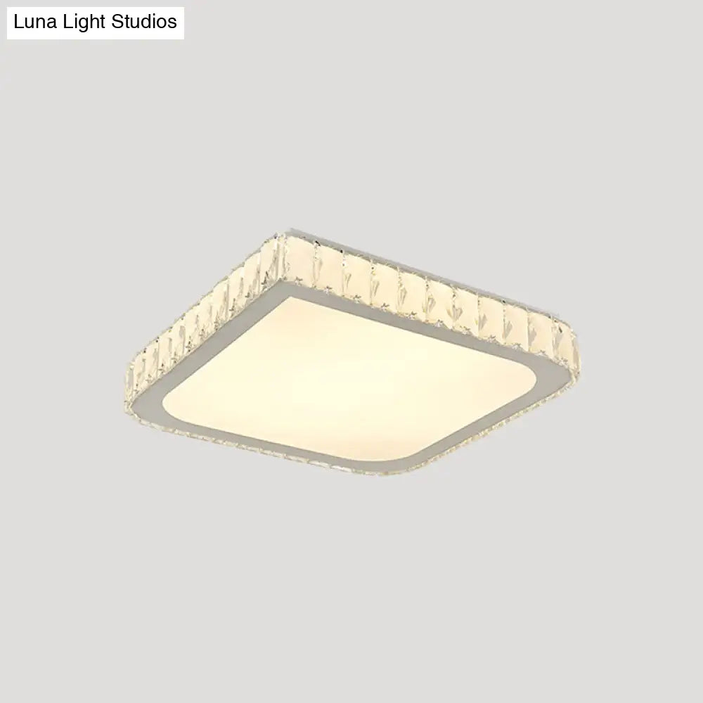 Simple Chrome Led Flush Light Fixture For Bedroom With Square Crystal Shade