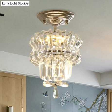 Simple Crystal 2-Tier Led Semi Flush Silver Light Fixture – Small Hallway Ceiling Lamp