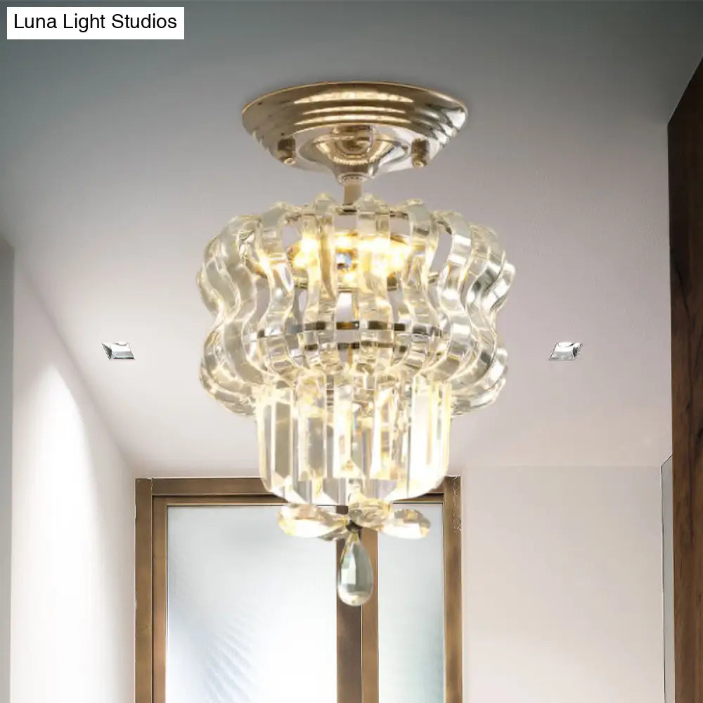 Simple Crystal 2-Tier Led Semi Flush Silver Light Fixture – Small Hallway Ceiling Lamp