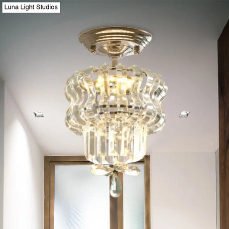 Simple Crystal 2-Tier Led Semi Flush Silver Light Fixture – Small Hallway Ceiling Lamp