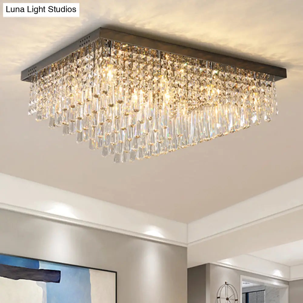 Simple Crystal Led Flush Mount For Living Room - Nickel Rectangle Ceiling Light