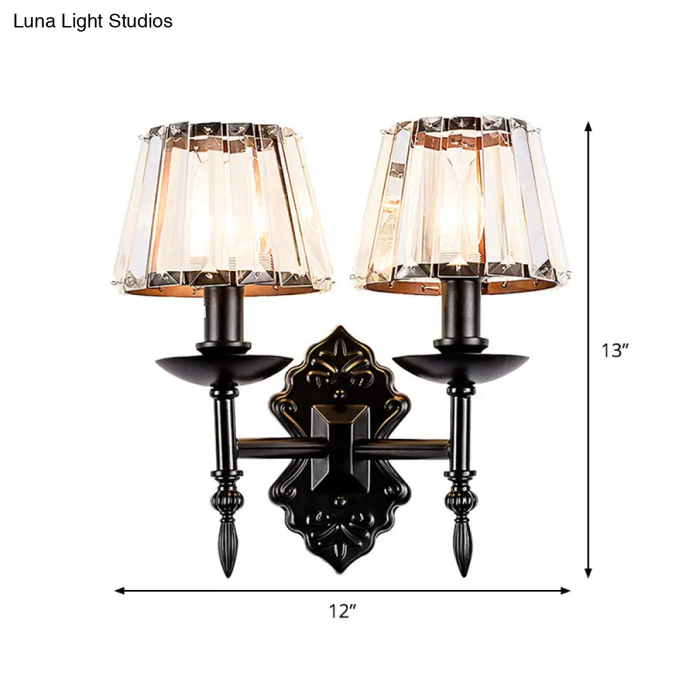 Simple Crystal Prisms Cone Wall Lamp - Black Candlestick Design 1/2-Head Light
