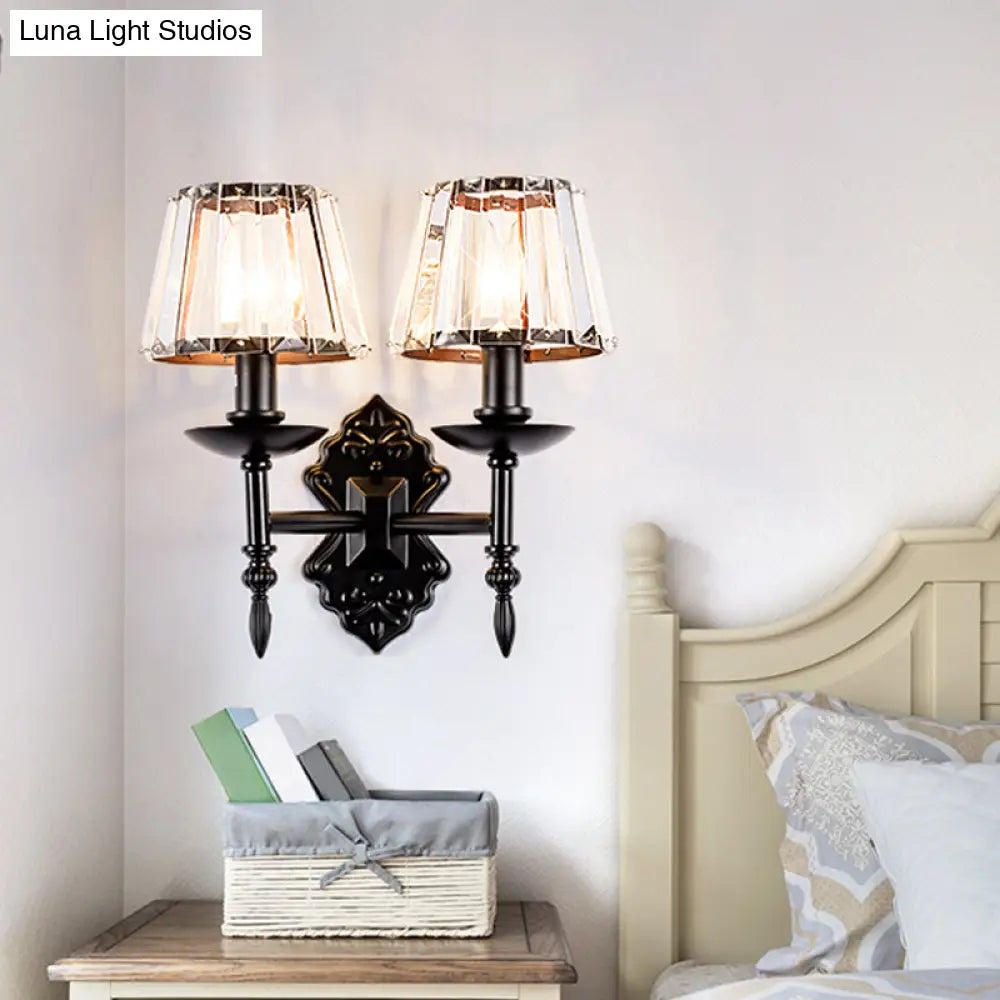 Simple Crystal Prisms Cone Wall Lamp - Black Candlestick Design 1/2-Head Light