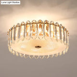 Simple Gold Flushmount Lighting - Drum Crystal Fixture With 6 Bulbs For Bedroom