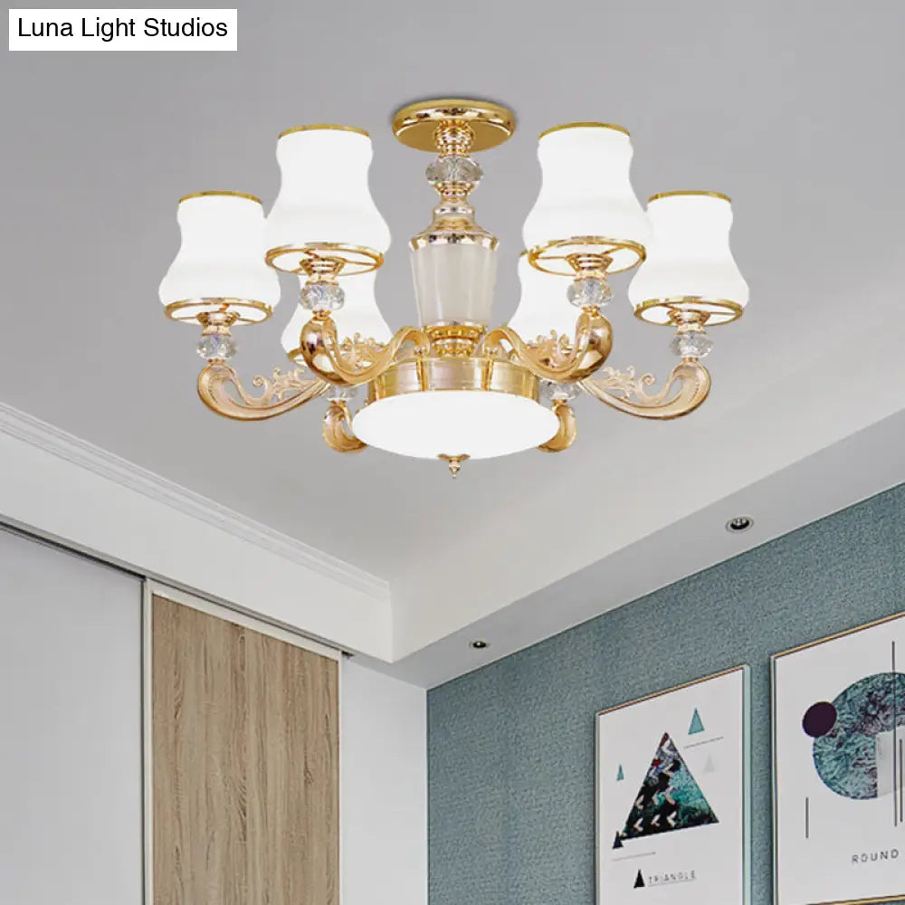 Simple Gold Frosted Glass Ceiling Light With Crystal Accent - 6-Light Flared Semi Flush Mount