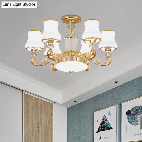 Simple Gold Frosted Glass Ceiling Light With Crystal Accent - 6-Light Flared Semi Flush Mount