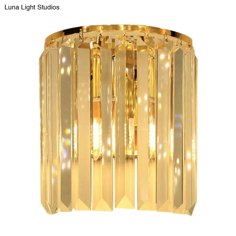 Simple Gold Wall Sconce With Semi Cylindrical Crystal Block - 1 Head Mounted Light Fixture