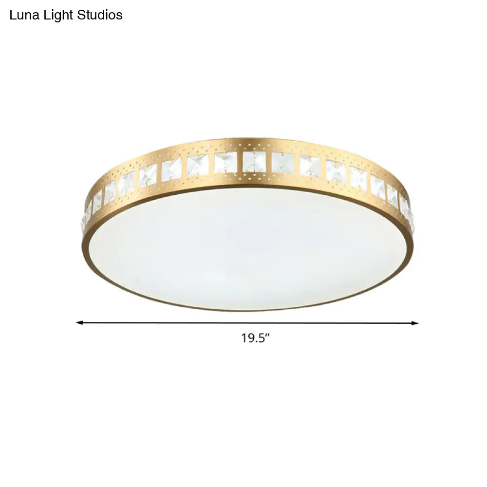 Simple K9 Crystal Gold Drum Ceiling Light - Led Flush Mount Fixture (16’/19.5’/23.5’) 3 Color