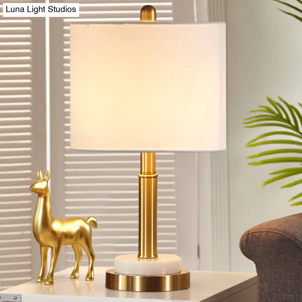 Simple Metal Cylindrical Nightstand Light With 1-Light White Fabric Lampshade For Living Room