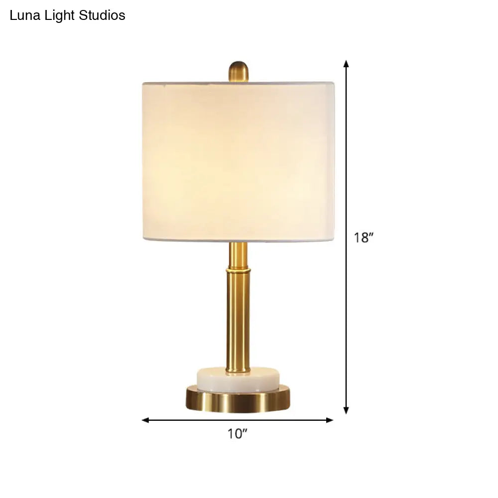 Simple Metal Cylindrical Nightstand Light With 1-Light White Fabric Lampshade For Living Room