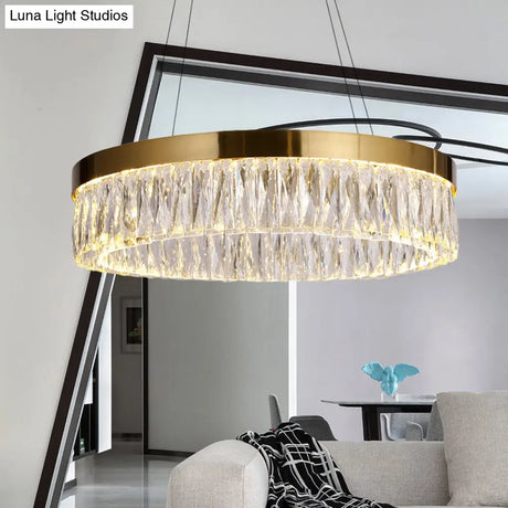 Simple Ring Ribbed Crystal Pendant Chandelier Led Gold Hanging Lamp - 23.5/31.5 Diameter For Dining
