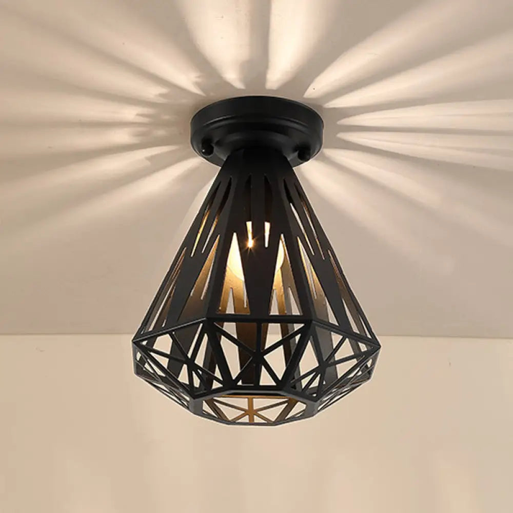 Simple Small Diamond Cage 1-Light Flush Mount Iron Ceiling Light In Black/White Black