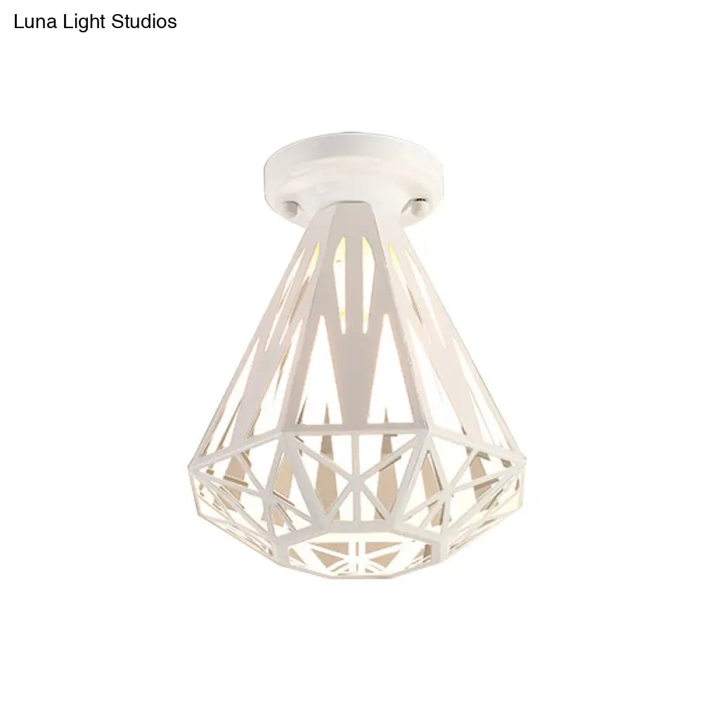 Simple Small Diamond Cage 1-Light Flush Mount Iron Ceiling Light In Black/White