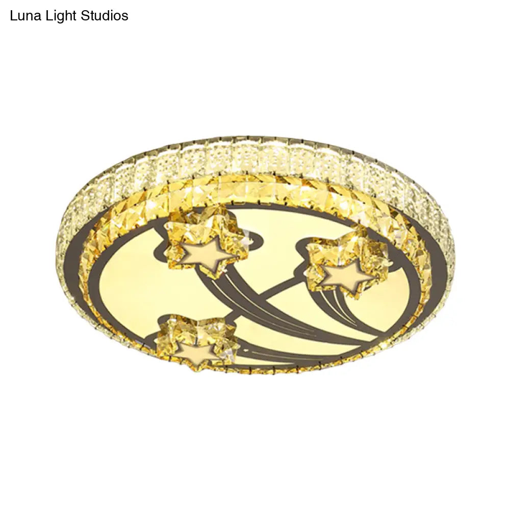 Simple Style 2 - Tier Round Led Flush Ceiling Light With White Faceted Crystal Star Design