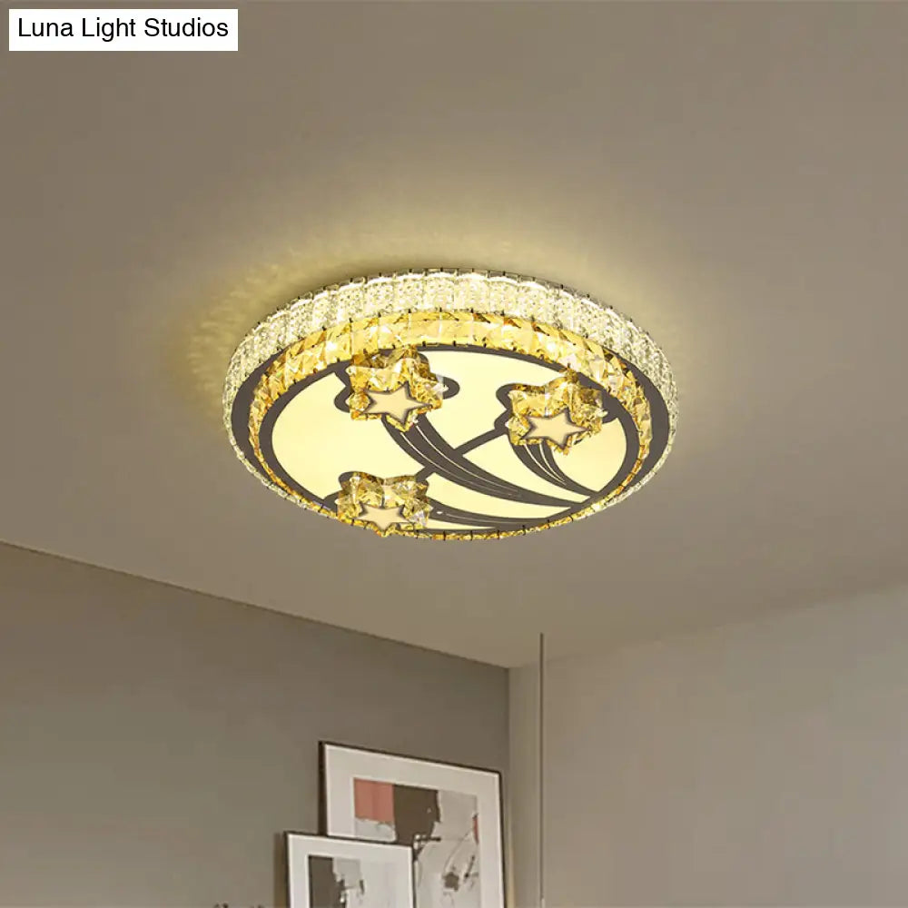Simple Style 2 - Tier Round Led Flush Ceiling Light With White Faceted Crystal Star Design