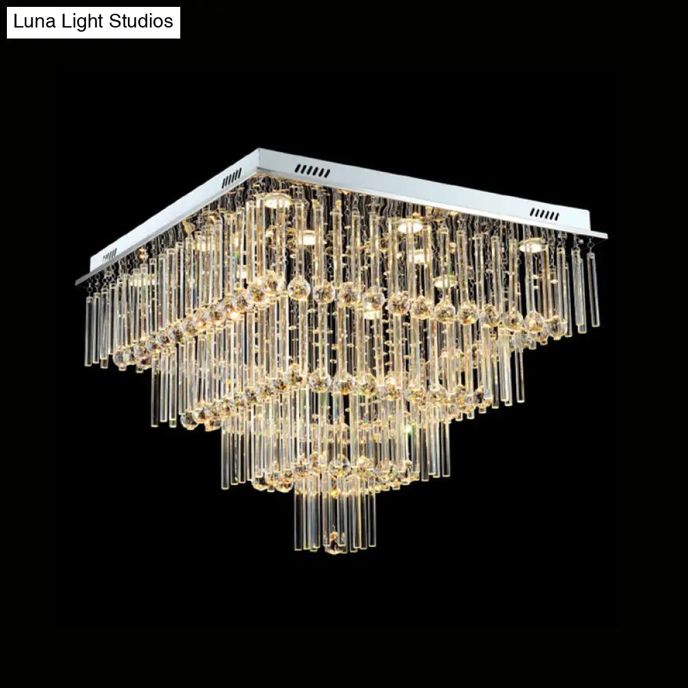 Simple Style Crystal Ceiling Mount Light - 12 Bulbs Flushmount Lighting Tiered Square Flute Design