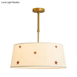 Simple Style White Fabric Drum Chandelier - Adult Bedroom Pendant Light With Star Design