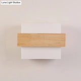Simple Style White Glass 1-Light Sconce With Wood Brace For Square Corridor Wall Lighting