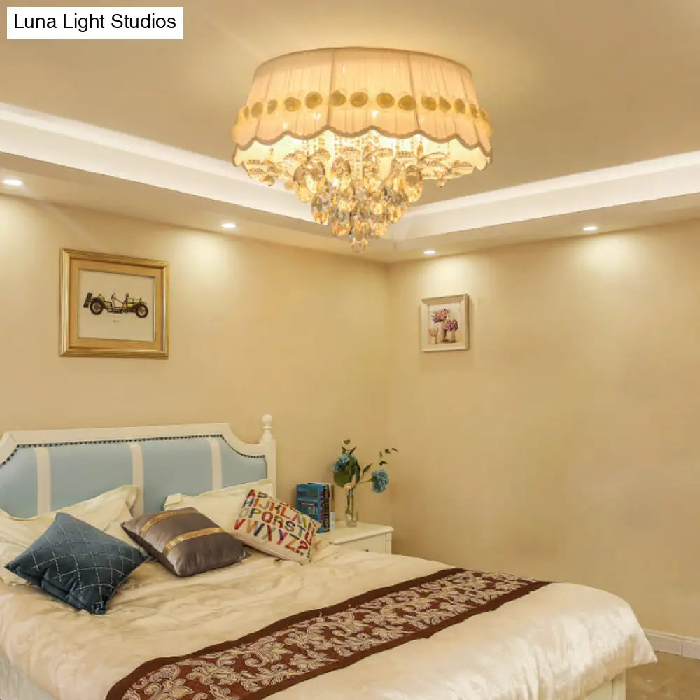 Simple Style White Scalloped Flush Mount Light With Crystal Drops (6/8 Heads)