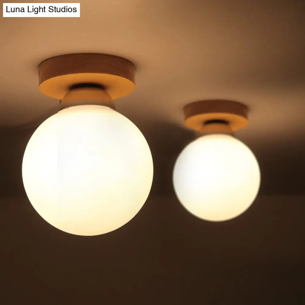 Simple Style Wood Flush Light - Blown White Glass Sphere Corridor Ceiling Lighting (1 Head)