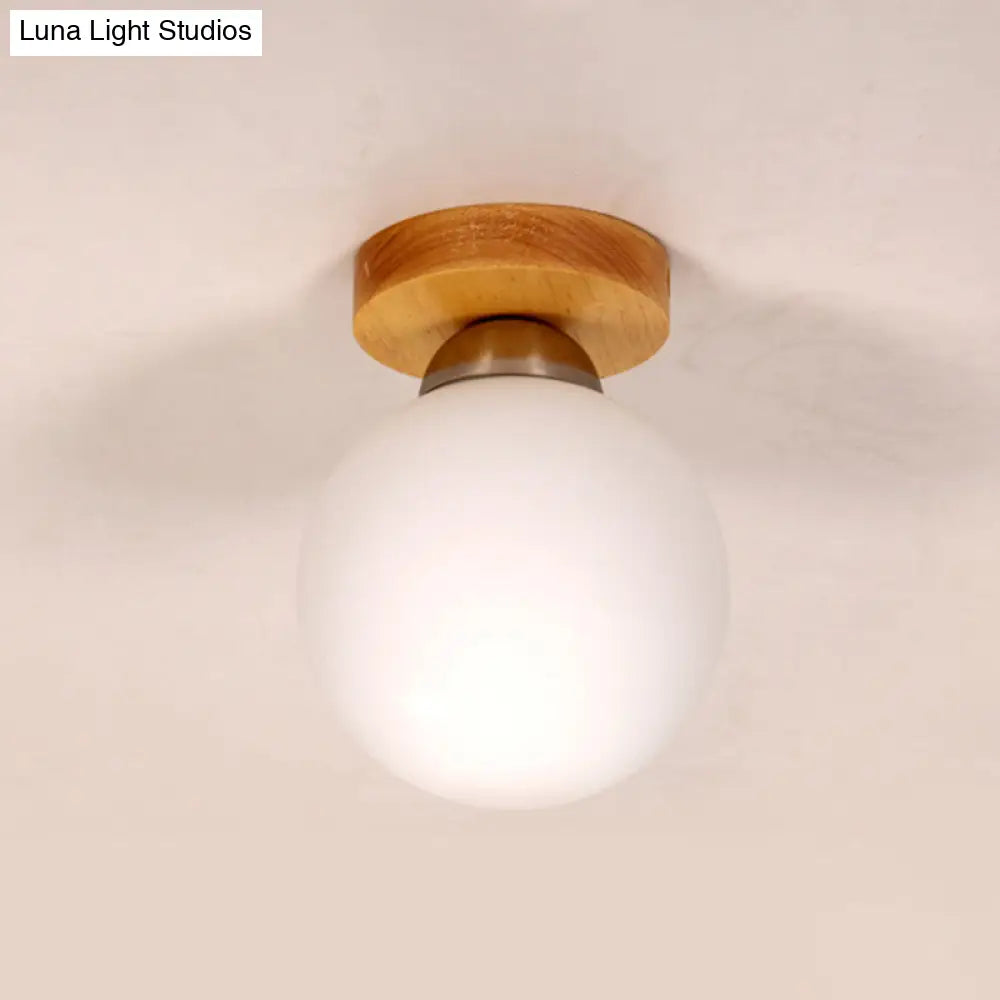 Simple Style Wood Flush Light - Blown White Glass Sphere Corridor Ceiling Lighting (1 Head)
