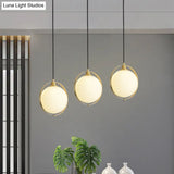 Simple White Frosted Glass Pendant Light With Brass Ring - Global Suspended Lamp For Bedside Or