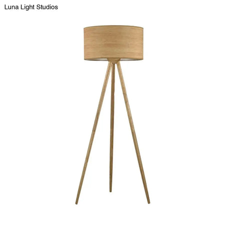 Simple Wooden Led Floor Lamp With Cylinder Shade Ideal For Bedroom - Beige