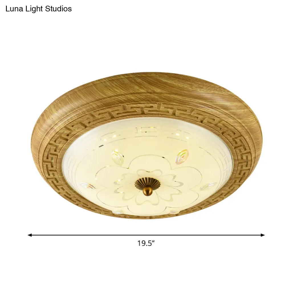 Simple Wooden Led Flushmount Ceiling Light With Dome Glass Shade - Yellow - Brown Circle 14’/19.5’ W