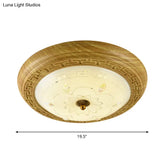 Simple Wooden Led Flushmount Ceiling Light With Dome Glass Shade - Yellow - Brown Circle 14’/19.5’ W