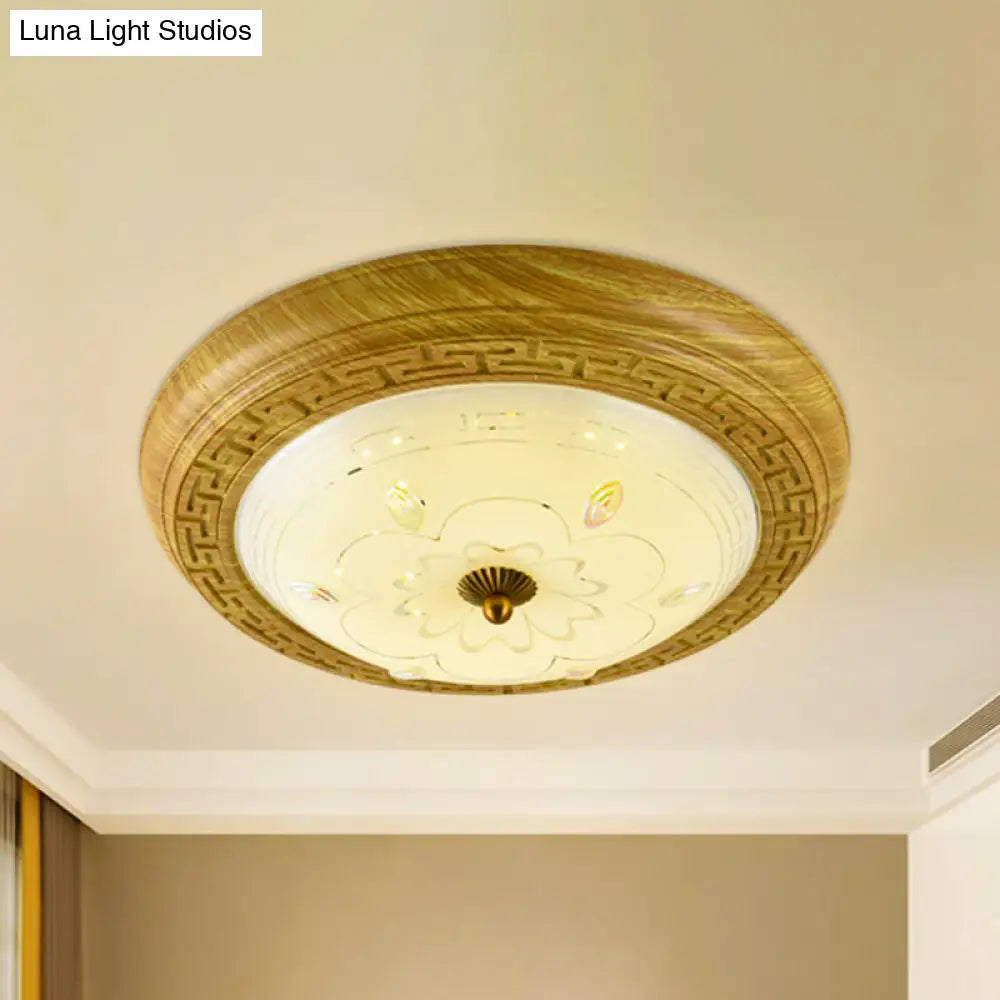 Simple Wooden Led Flushmount Ceiling Light With Dome Glass Shade - Yellow - Brown Circle 14’/19.5’ W