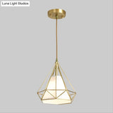 Simplicity 1-Head Brass Diamond Cage Pendant Light With Flaxen Inner Fabric Shade
