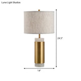Simplicity 1-Head Fabric Drum Night Table Lamp - Flaxen Metal Nightstand Lighting For Bedroom