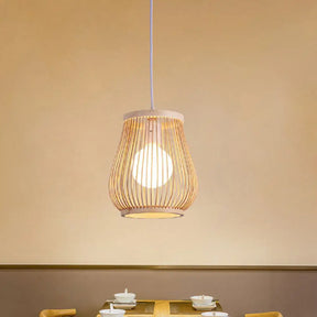 Simplicity 1-Light Bamboo Wood Pendant Light Fixture For Bedroom - Symmetrical Suspension / H